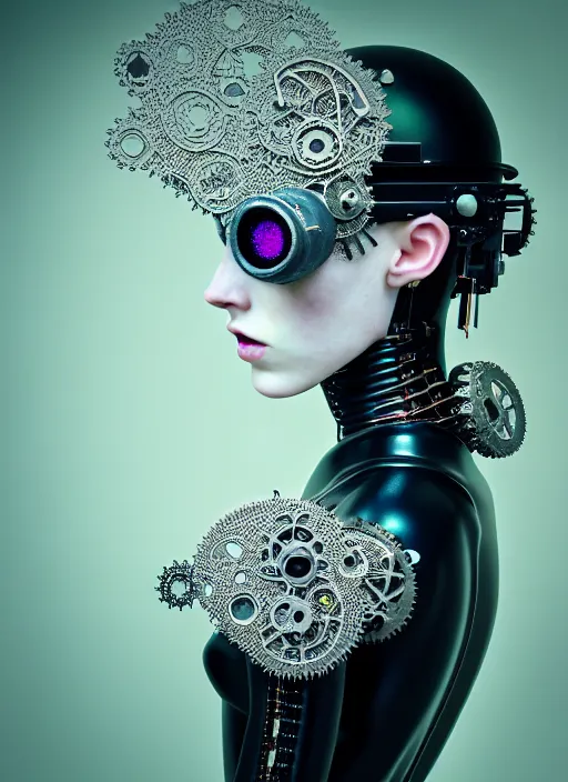 Prompt: kodak portra 4 0 0 photo portrait of a beautiful pale woman in style of tim walker, silver lace floral steampunk biomechanical, one techno eye female cyborg, big monocular, volumetric light, coloured gel light, gothic fashion, octane render, 8 k