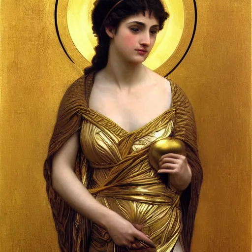 Image similar to painting portrait of Athena goddess, ancient greek culture, intricate, elegant, digital painting, smooth, sharp focus, shiny gold, realistic gold, realistic metal, by William-Adolphe Bouguereau and Gustav Klimt,