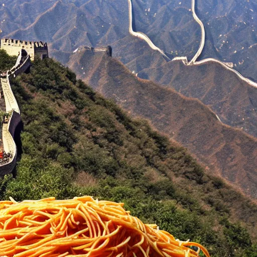 Prompt: the great wall of china made of spaghetti, close - up