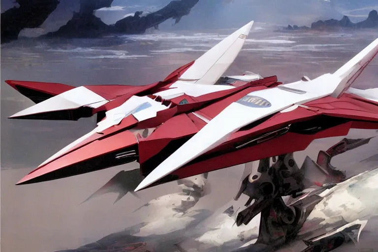 Image similar to a pteranodon mecha fighter, white john berkey armor panels, wine-red trim, skull insignia, robotech styling with Kanji markings, boeing concept art painting