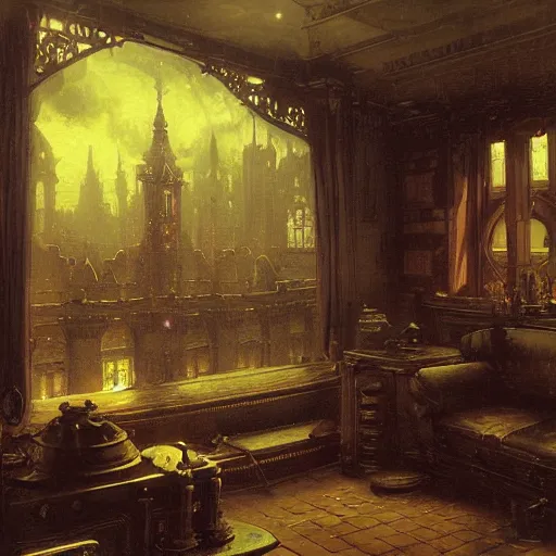 Image similar to detailed painting of a retroscifi interior in 1 9 4 0, filigree ornaments, volumetrics lights, beam of bright lights through the clouds, andreas achenbach