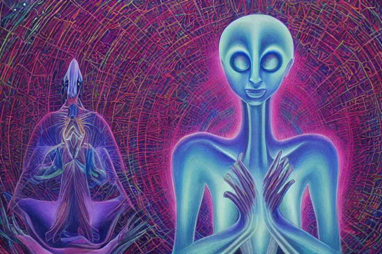 Image similar to painting of a tranquil alien made of light and glows meditating in dense forest by alex grey, acrylic art, ethereal, soothing, somber, elegant, warm light, cozy, breathtaking,