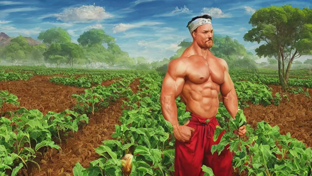 Prompt: bodybuilder farmer surveying his crops, xianxia cultivator fantasy art