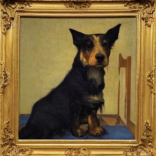 Image similar to oil in canvas of a yorkshire dog by johannes vermeer, masterpiece