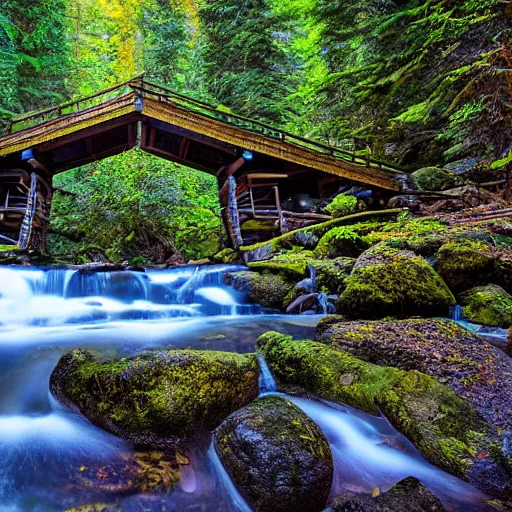 Prompt: Lodge in the Pacific Northwest forest, creek, wooden bridge, waterfall, hdr photo, 100mm lens, f2.8, nd filter