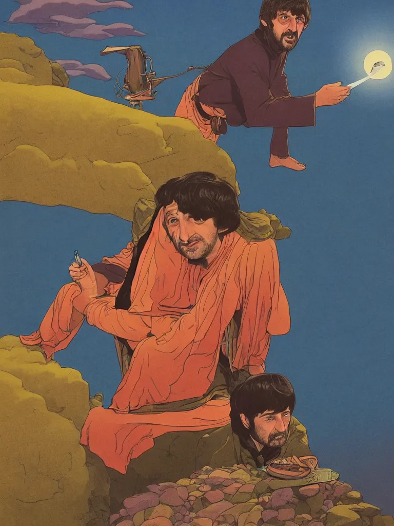 Prompt: an image of ringo starr as samwell from the lord of the rings, taking mind altering drugs, dreaming psychedelic hallucinations in the vast middle earth landscape, by kawase hasui, moebius, edward hopper, colorful flat surreal design, dramatic lighting, hd, 8 k, artstation