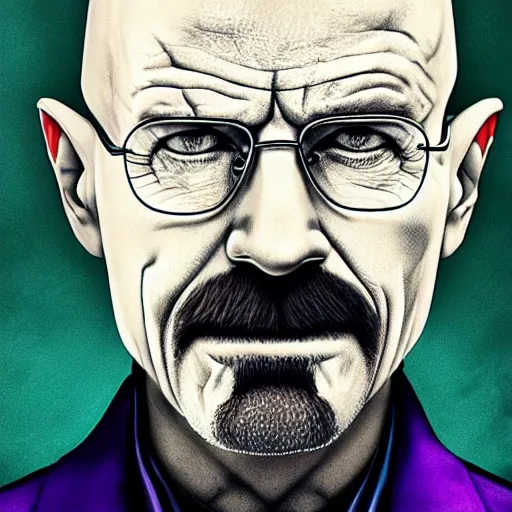 Image similar to walter white as the joker, 8 k, photorealistic, film still