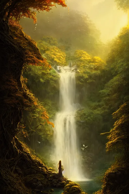 Image similar to detailed intricate digital illustration by greg rutkowski and artgerm and wlop and sanford robinson gifford ; gothic fantasy valley and waterfall faerie fey unseelie in background ; 1 3 mm film, arri alfa anamorphic lens ; sharp focus, golden hour, fireflies ; trending on artstation 8 k closeup