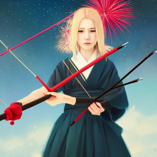 Image similar to colorful and festive captivating teenager girl with blonde hair, red japanese traditional clothes, shooting a firework with bow and arrow at the sky. rich vivid colors, ambient lighting, dynamic lighting, 4 k, atmospheric lighting, painted, intricate, highly detailed by charlie bowater