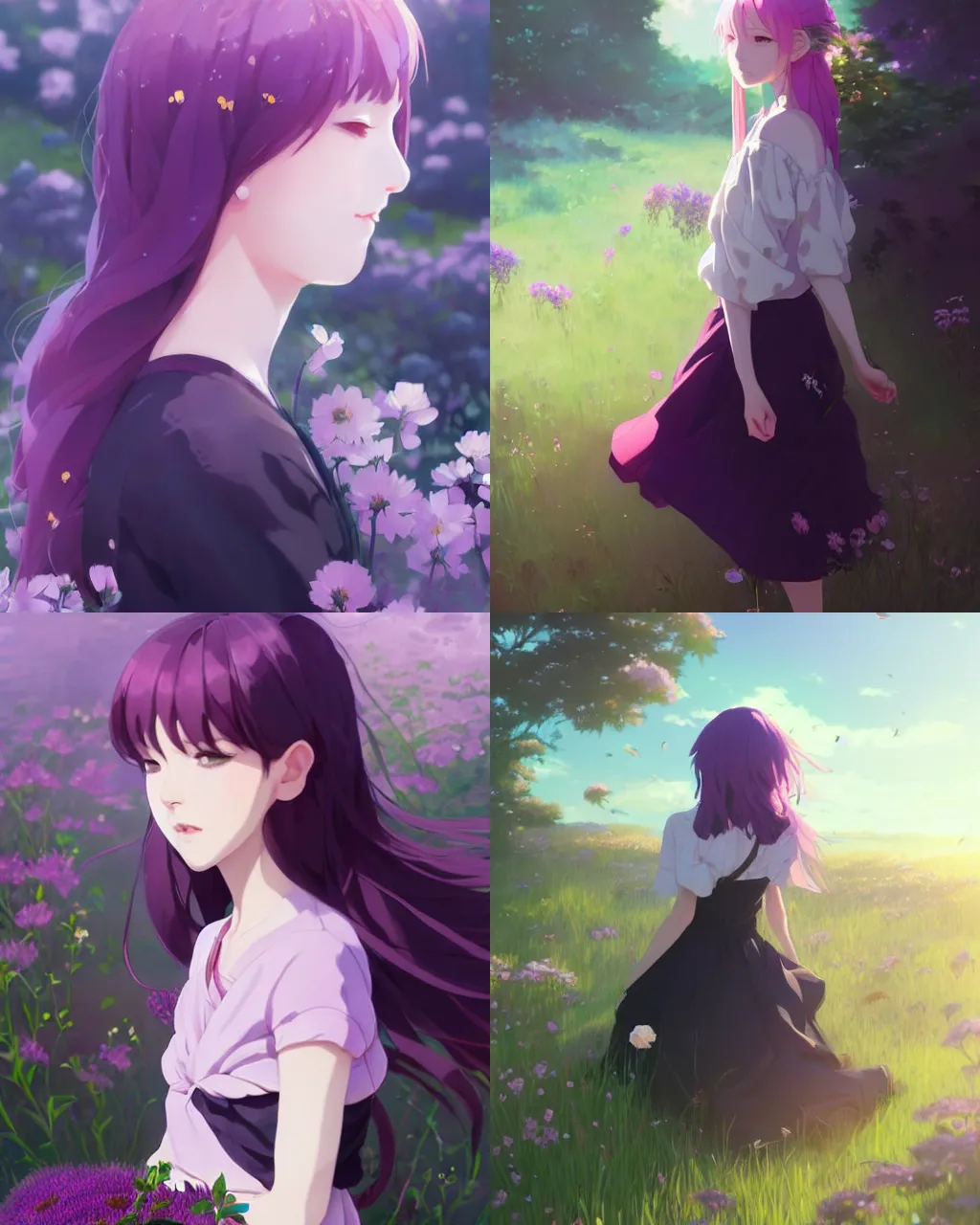 Prompt: girl with purple hair and black skirt, there are many flowers around, a beautiful portrait, top lighting, perfect shadow, soft painting, art by hidari and makoto shinkai and wenjun lin