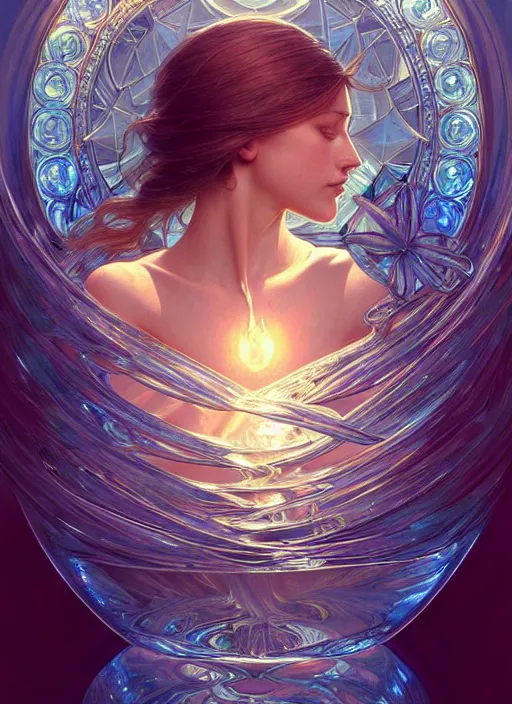 Image similar to water, refraction, reflections, mirrors, prisms, sunlight, glowing lights!! intricate elegant, highly detailed, digital painting, artstation, concept art, smooth, sharp focus, illustration, art by ( ( ( ( artgerm ) ) ) ) and ( greg rutkowski )! and ( ( ( alphonse mucha ) ) )
