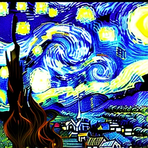 Image similar to starry night but as a badly edited image in photoshop