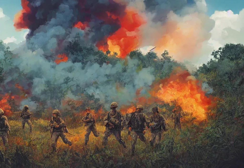 Image similar to handmade colorful illustration of an epic Vietnam War scene with a very few american soldiers walking, one american soldier at the forefront staring at the jungle, blue sky with beautiful clouds, some fire with columns of grey smoke, line art, heavy brushstrokes, oil on canvas by Kilian Eng and by Jake Parker, winning-award masterpiece, fantastic, octane render, 8K HD Resolution, High quality image