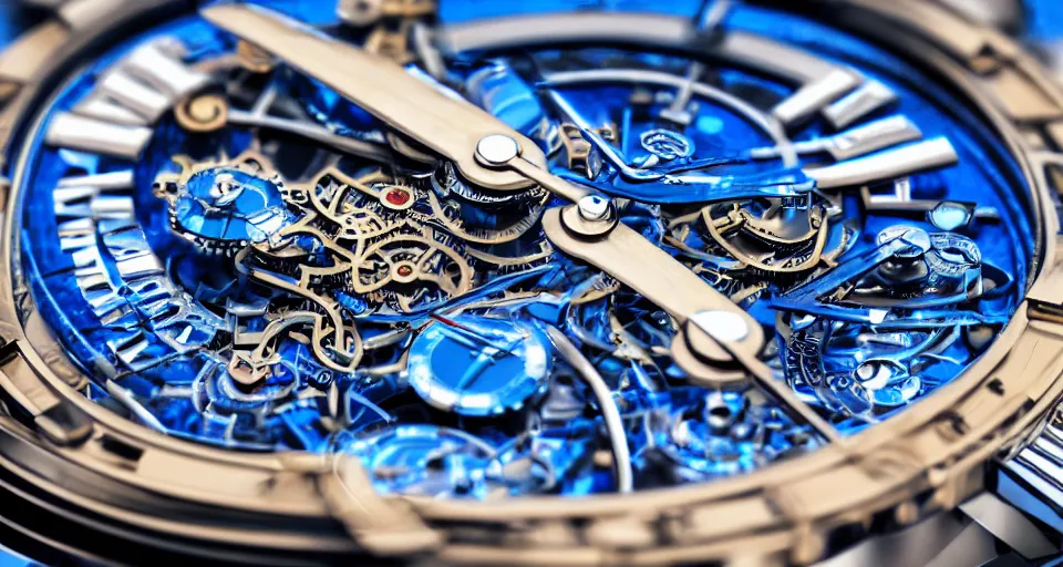 Prompt: complex 3 d render of a futuristic steampunk watch lying on a table, high detail, sharp focus, glowing blue interior components, fractal detail, depth of field, bokeh, cinematic lighting and composition, octane render, film grain, by syd mead, rolex, porsche