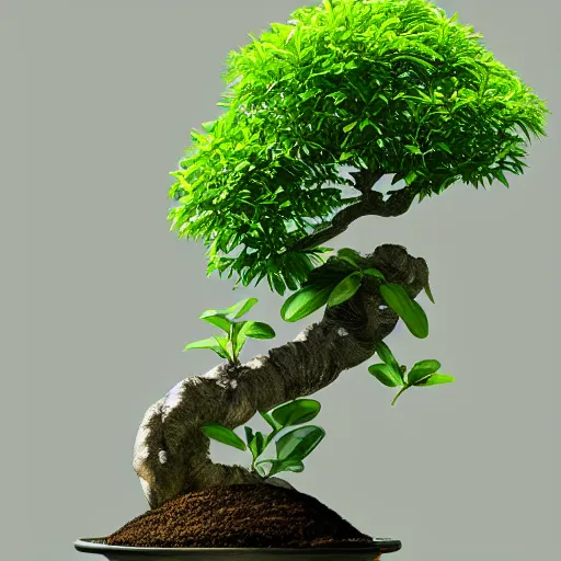 Image similar to Green bonsai tree in a pot growing through a human cranium, digital art, artstation, cgsociety,