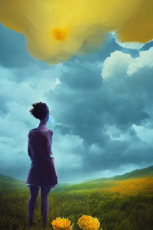 Image similar to closeup girl with giant yellow dahlia flower head, standing on mountain, surreal photography, blue storm clouds, dramatic light, impressionist painting, digital painting, artstation, simon stalenhag