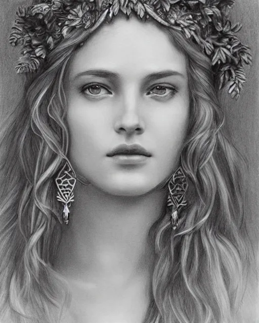 Image similar to pencil drawing of a beautiful greek goddess aphrodite wearing a laurel wreath and arrowhead earrings, beautiful confident eyes, beautiful flowing hair, hyper realistic face, in the style of greg rutkowski, fantasy, amazing detail, epic, elegant, smooth, sharp focus, from the front, long shot