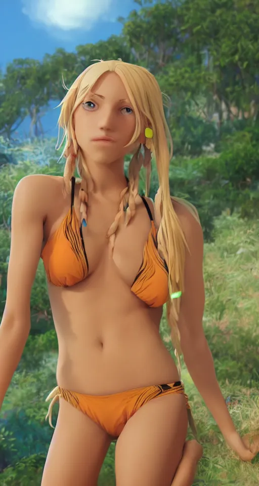 Image similar to beautiful blond woman in orange tribal bikini, blond hair pulled back off the face, green eyes, by makoto shinkai, 8 k, high resolution render, cinematic, unreal engine, clean lineart and flat color,