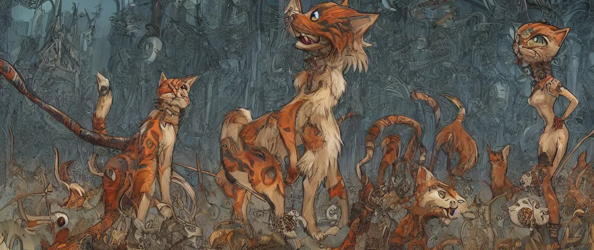 Prompt: A beautiful illustration of a civilization of anthropomorphic Feline warriors by James Jean | Graphic Novel, Visual Novel, Colored Pencil, Comic Book:.3 | unreal engine:.5 | establishing shot