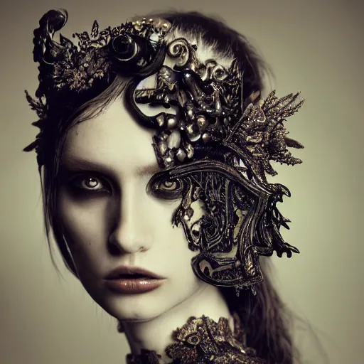 Image similar to a portrait of female model by stefan geselle and nekro borja, photorealistic, intricate details, hyper realistic, dark fantasy, ornate headpiece, dark beauty, photorealistic, canon r 3, photography, wide shot, photography, dark beauty