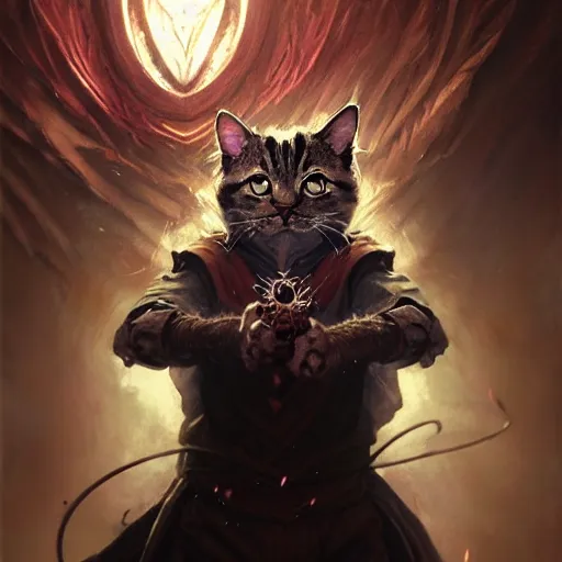 Image similar to Cat, Anthropomorphized, casting epic spell, horror, magic the gathering artwork, D&D, fantasy, centered, symmetrical, highly detailed, artstation, concept art, sharp focus, 8k, art by Akihiko Yoshida and Greg Rutkowski and Craig Mullins, oil painting