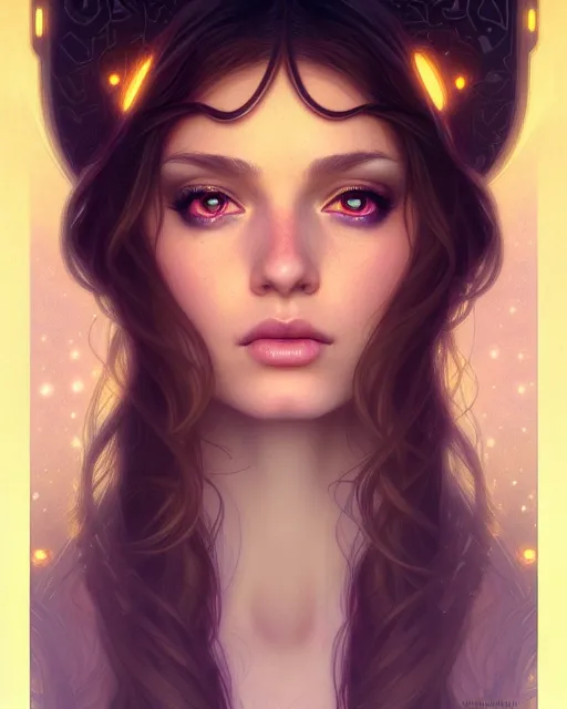 Image similar to symmetry portrait of brunette princess, glam, fae, fireflies, forest background, intricate, elegant, highly detailed, digital painting, artstation, concept art, smooth, sharp focus, illustration, art by artgerm and greg rutkowski and fra angelico and alphons mucha