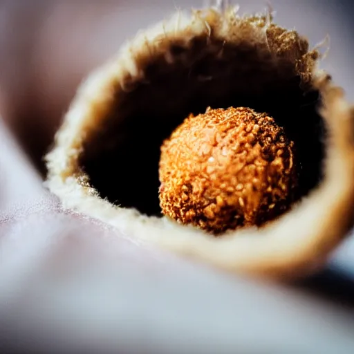 Prompt: close up photo of a miniature Scottish man in a kilt inside of a Scotch egg