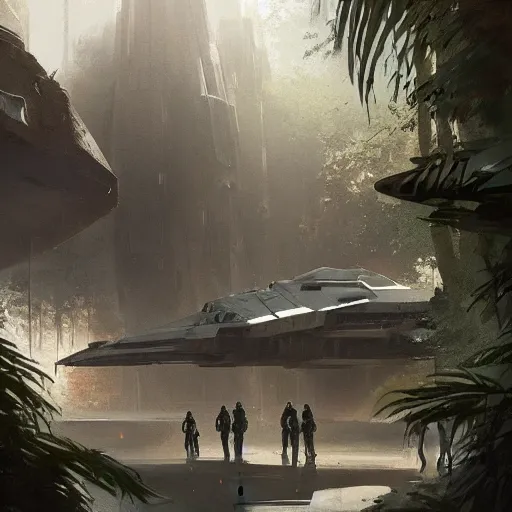 Image similar to star wars concept art by greg rutkowski, a brutalist military base of the galactic alliance in the middle of a jungle near to a lake, cinematic midday light, heroic atmosphere, artstation hq.