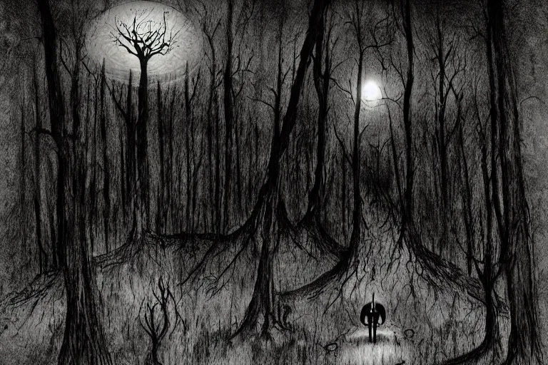 Image similar to UFO landing in a haunted the dark forest artwork by ben templesmith