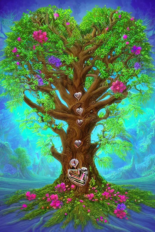 Prompt: A beautiful digital illustration painting of a detailed fantasy tree with a heart carved in the trunk grass and flowers by Blair Leighton and Lisa Frank, 8k resolution trending on Artstation concept art digital illustration