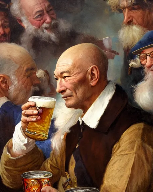 Prompt: a painting of patrick stewart holding a mug of beer at the oktoberfest, a detailed painting by konstantin makovsky and by jan matejko and by nikolay makovsky, shutterstock contest winner, german romanticism, detailed painting, oil on canvas, wimmelbilder