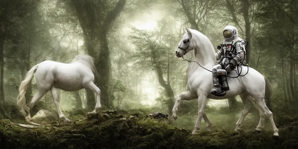 Prompt: an astronaut resting, a white horse tied to a tree, forest, a detailed matte painting by frieke janssens, featured on cgsociety, fantasy art, matte painting, reimagined by industrial light and magic, matte drawing