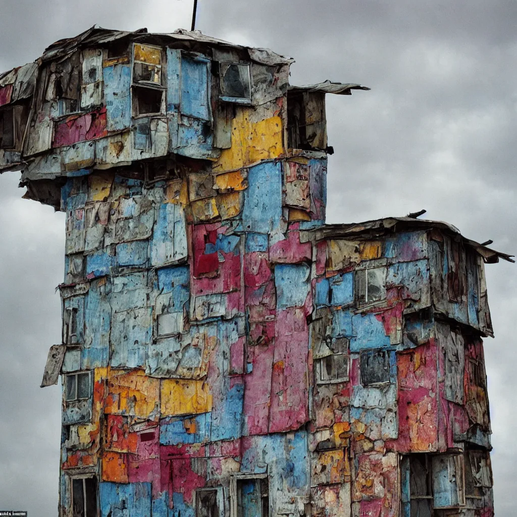 Prompt: close - up view of a tower made up of colourful makeshift squatter shacks, bleached colours, moody cloudy sky, dystopia, mamiya, f 1 1, very detailed, photographed by bruno barbey