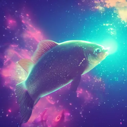 Image similar to unknown undiscovered fish swimming in outer space nebula, 4 k, ultra detail, ultra realistic, 8 k, octane render, unreal engine, beeple