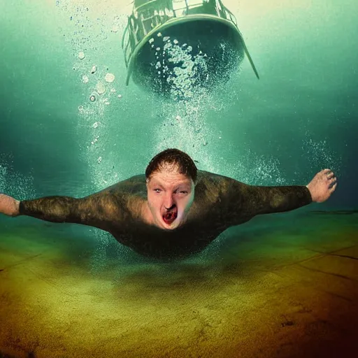 Image similar to Underwater photograph of a man swimming away in panic, being chased by a perry submarine, digital art