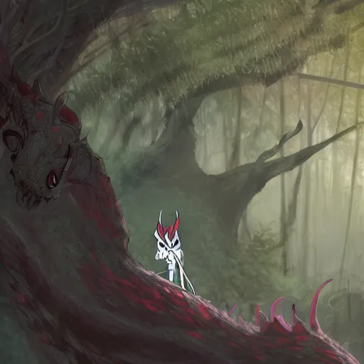 Image similar to concept art painting of an anthropomorphic dragon king with black robes, a long neck, and skull mask, in a deep forest, cel shaded, in the style of makoto shinkai and james gurney and studio ghibli and moebius