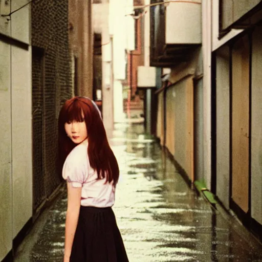 Image similar to 1990s perfect 8K HD professional cinematic photo of close-up japanese schoolgirl posing in sci-fi dystopian alleyway at morning during rain, at instagram, Behance, Adobe Lightroom, with instagram filters, depth of field, taken with polaroid kodak portra