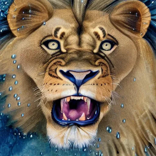 Image similar to a male lion's face breaching through a wall of water, water sprites, splashing, deep blue water color, highly detailed