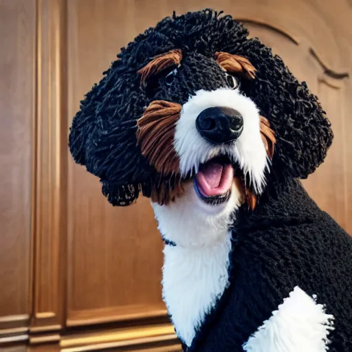 Image similar to a closeup photorealistic photograph of a cute smiling knitted bernedoodle judge dog dressed in a black gown, presiding over the courthouse. indoors, professional capture, well lit shot. this 4 k hd image is trending on artstation, featured on behance, well - rendered, extra crisp, features intricate detail, epic composition and the style of unreal engine.