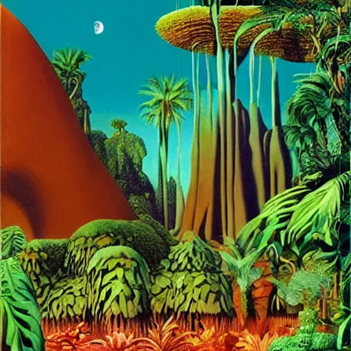 Prompt: surreal jungle pastiche by Roger Dean, Storm Thorgerson gorgeous detailed matte painting, muted pastel colors