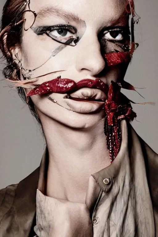 Image similar to margiela campaign featuring the violator as a female cowgirl, long eyeslashes, big juicy lips, big seductive eyes