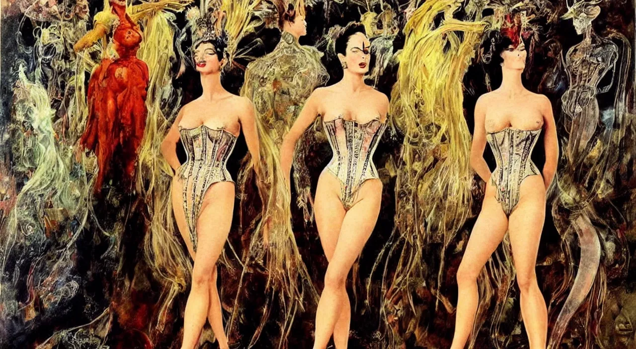 Prompt: donald j trump wearing transparent corset dress, intricate, highly detailed, fantasy painting, sharp focus, art by frank frazetta and salvador dali