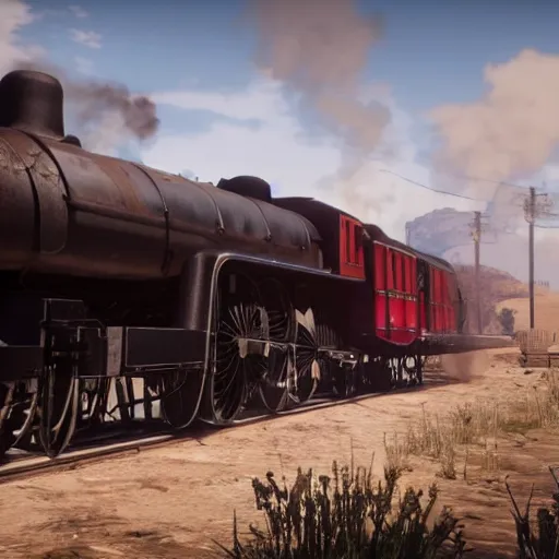 Image similar to futuristic sleek steam locomotive in red dead redemption 2