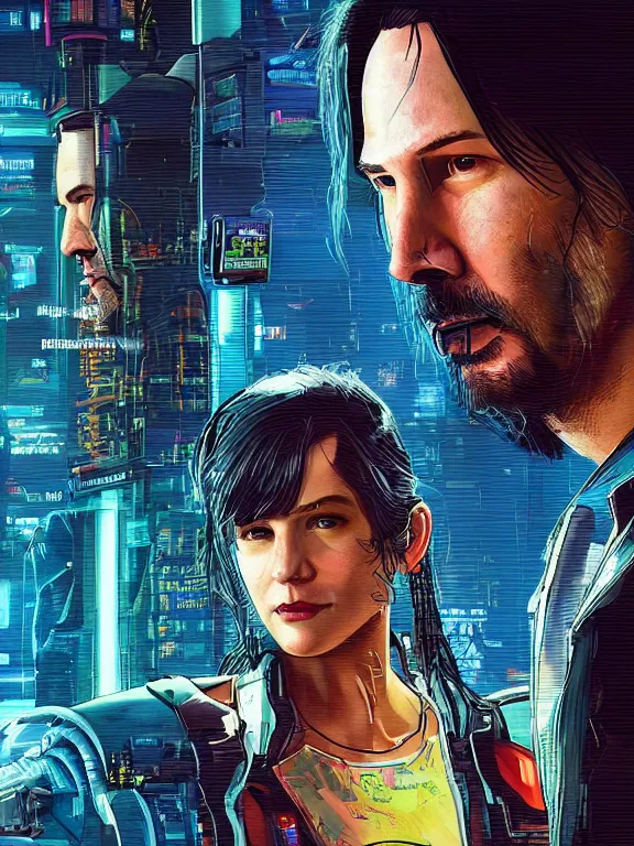 Prompt: a cyberpunk 2077 couple portrait of Keanu Reeves and V,complex mess of cables and wires behind them connected to giant computer,love story,film lighting,by laurie greasley,Greg Hildebrandt,Donato Giancola,William Morris,Dan Mumford,trending on atrstation,FAN ART,full of color,face enhance,highly detailed,8K, octane,golden ratio,cinematic lighting