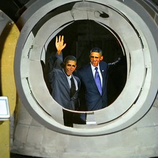 Image similar to barrack obama going through a stargate in the sg - 1 base, holding a goauld in his right hand