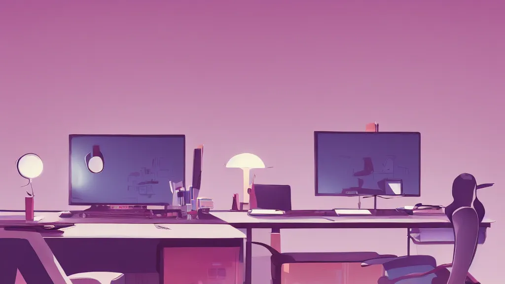 Image similar to stylized retro minimalist design of the desk of a famous web designer, loftis, cory behance hd, by moebius, makoto shinkai and lois van baarle, ilya kuvshinov, rossdraws global illumination