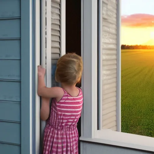 Image similar to a girl looking out of her small front porch seeing a large field in the countryside, photorealistic, cozy, sunrise