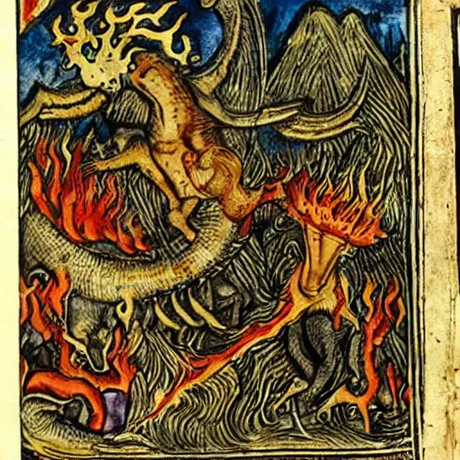 Image similar to medieval bestiary of repressed emotion monsters and creatures starting a fiery revolution in the psyche