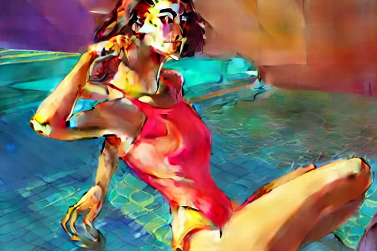 Image similar to Good looking young woman wearing neon coloured bathing suit in a swimming pool, portrait, elegant, intricate, retrofuturistic digital painting, artstation, concept art, smooth, sharp focus, illustration, art by artgerm and greg rutkowski and alphonse mucha