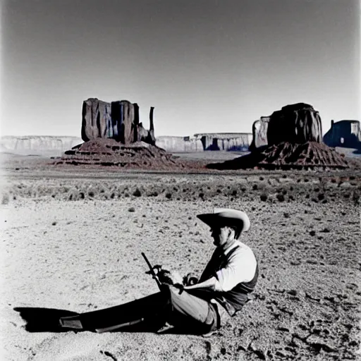 Prompt: a cinematic 5 0 s portrait photography of john wayne smoking a big joint, cowboy, monument valley landscape, flying saucer, farwest,